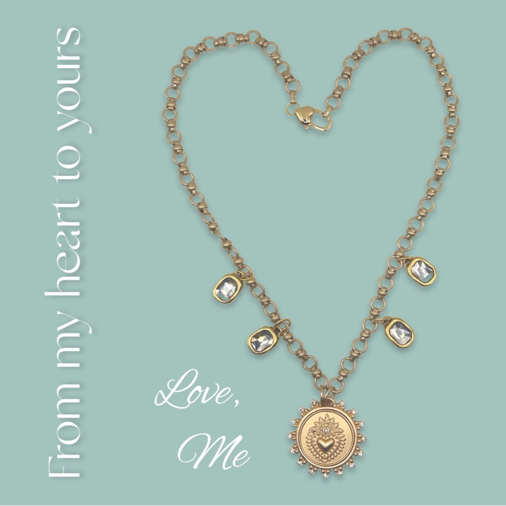Gold Heart and Crystals Pendant Necklace